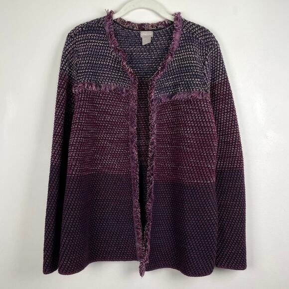 Chicos Marled Fringe Cardigan Sweater Purple Colorblock Metallic Knit Jacket XL - Picture 12 of 12